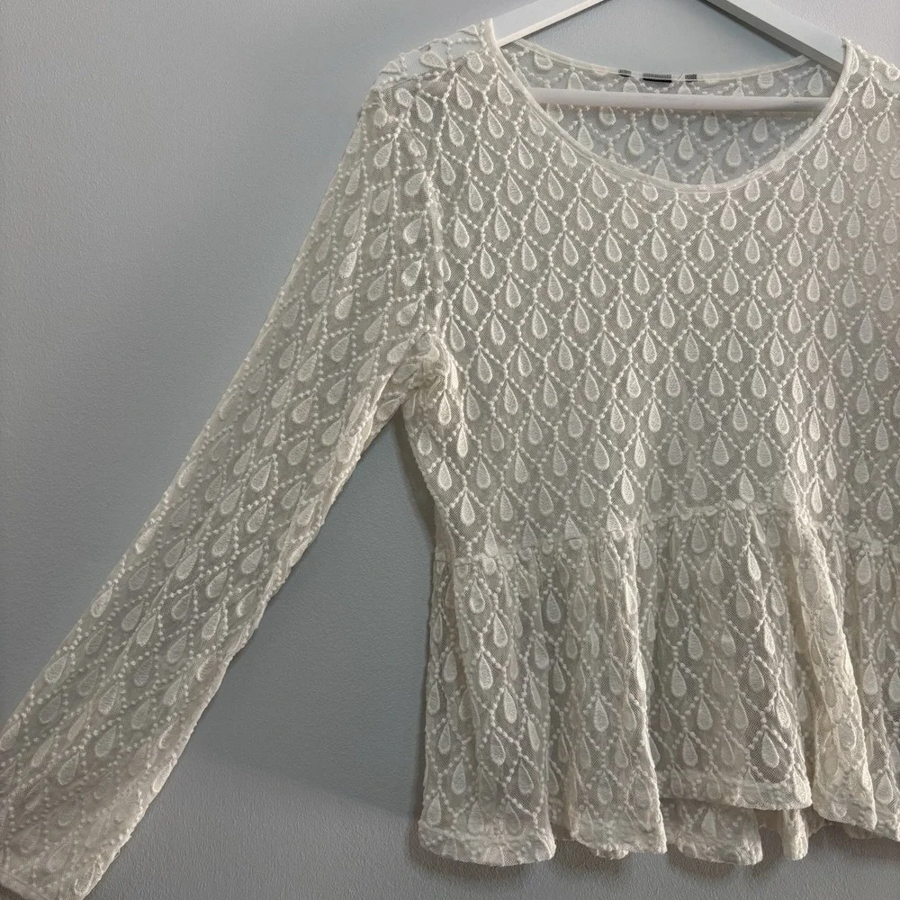 H&M Long Sleeve Sheer Lace Cream Ivory‎ Peplum Blouse M? Festival Witchy Fairy